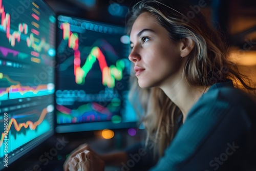 Wallpaper Mural Pantalla de ordenador con graficos de finanzas e inversion en colores verde y rojo y una persona  Torontodigital.ca