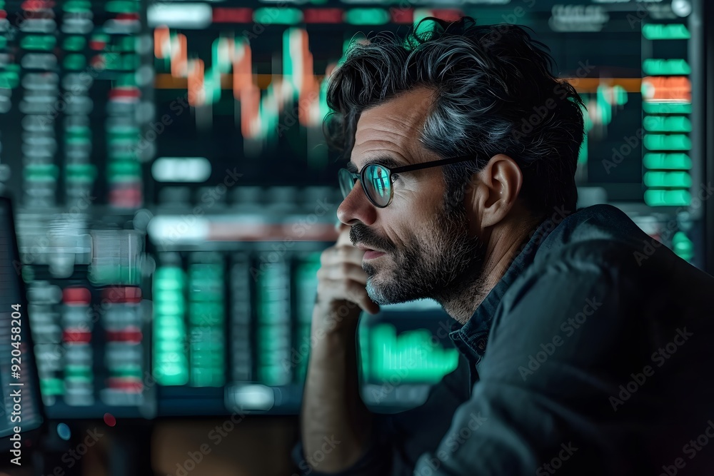 Pantalla de ordenador con graficos de finanzas e inversion en colores verde y rojo y una persona Pantalla de ordenador con graficos de finanzas e inversion en colores verde y rojo y una persona