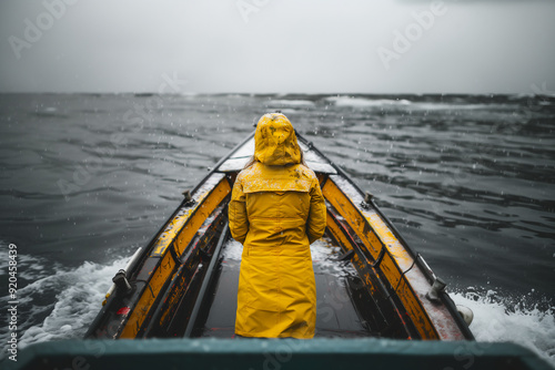 A female fisherwoman on a boat prepares to work on catching fish