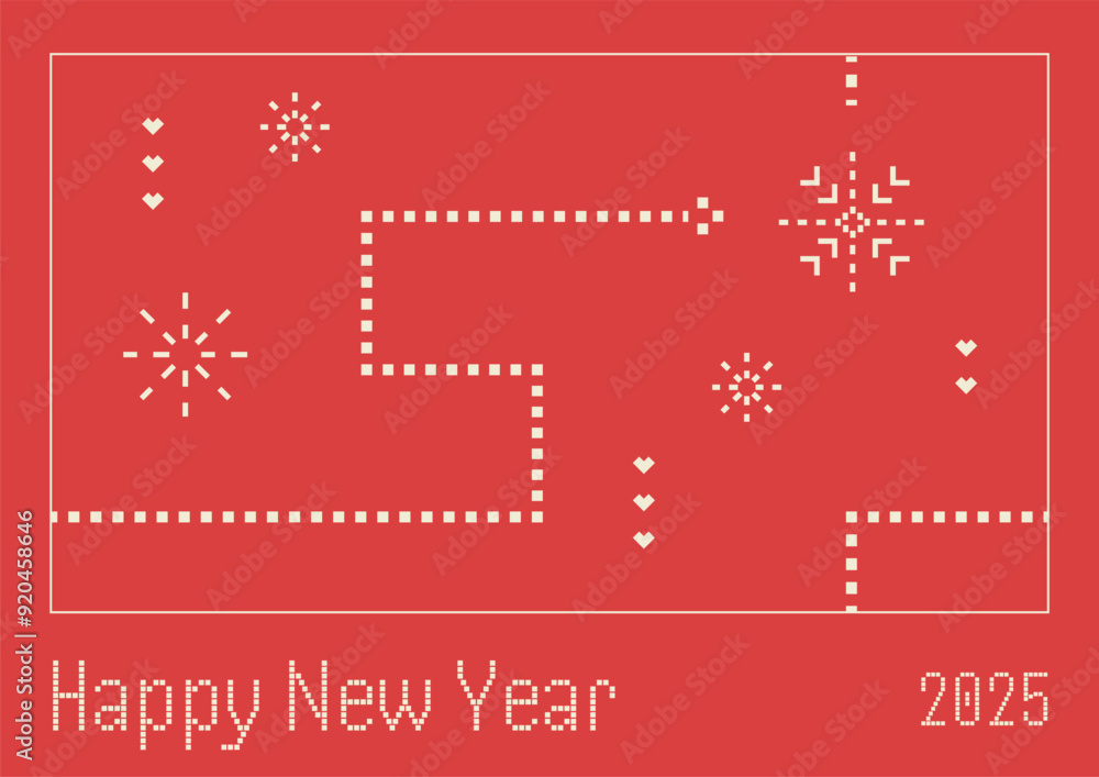 Naklejka premium Happy New Year banner with electronic snake game, pixel snowflakes. 8 bit background, nostalgia of 1990s concept. Christmas vector illustration. Symbol of 2025. Retro abstract graphics.