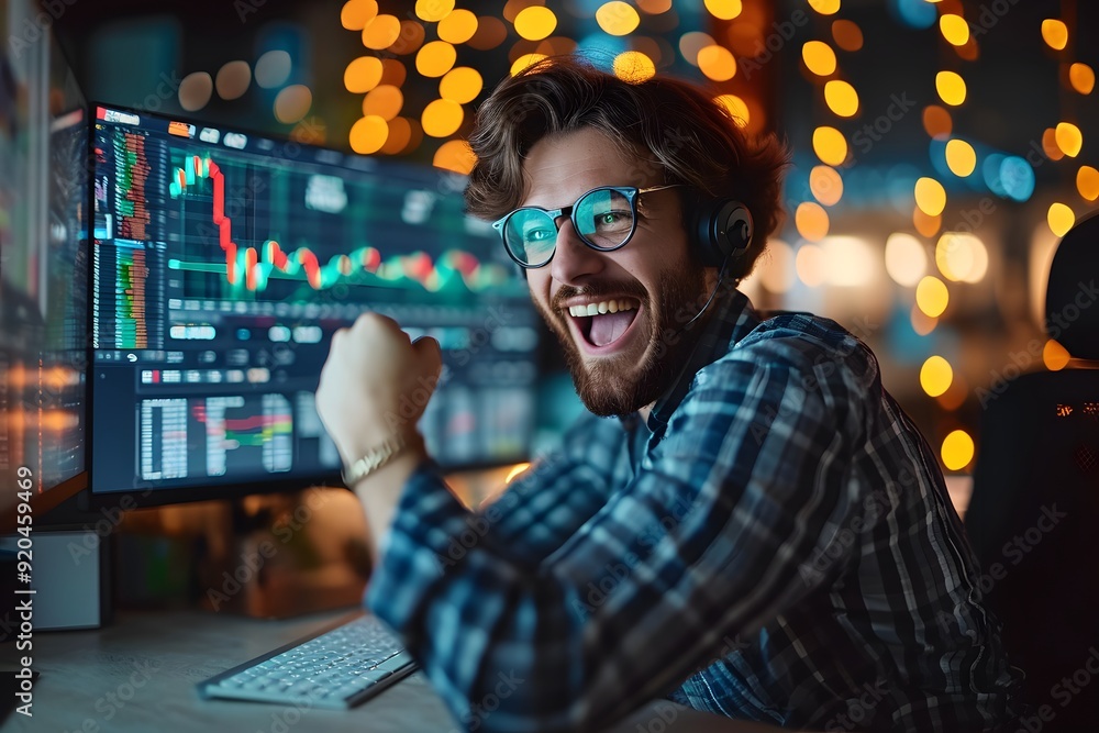 Persona alegra por ganar dinero en finanzas y criptomonedas con un grafico de lineas verdes y rojas sobre pantalla Persona alegra por ganar dinero en finanzas y criptomonedas con un grafico de lineas verdes y rojas sobre pantalla