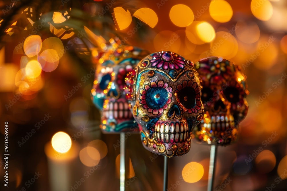 Sugar skull drink stirrers with bokeh effect, AI generated Sugar skull drink stirrers with bokeh effect, AI generated