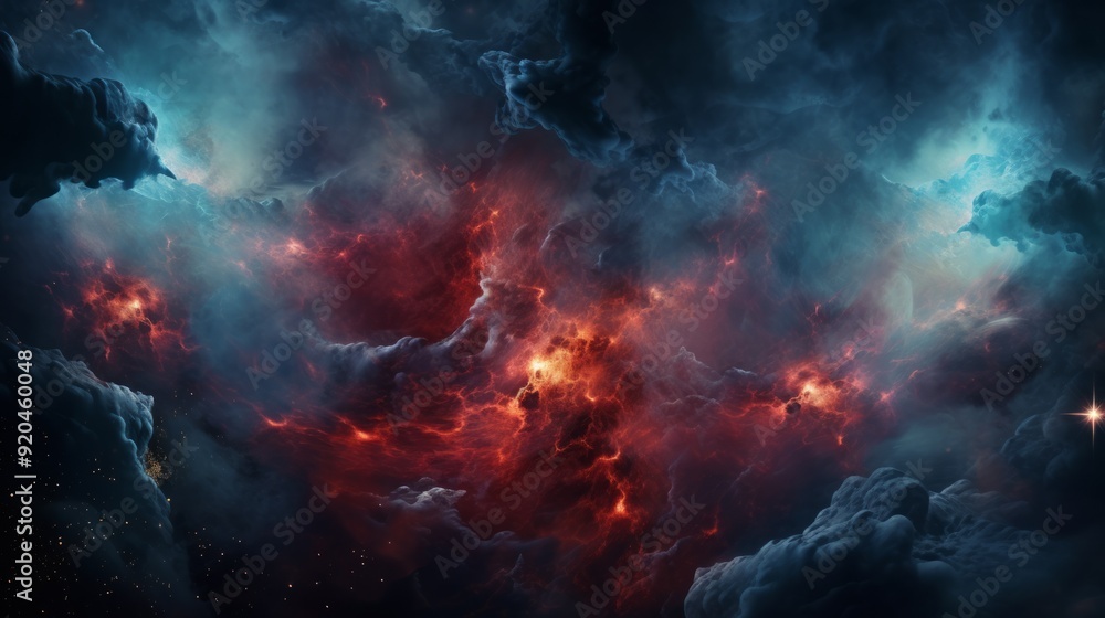 Mythical space demon in dark nebula galaxy background in blue and red colors. Neural network ai generated art Mythical space demon in dark nebula galaxy background in blue and red colors. Neural network ai generated art