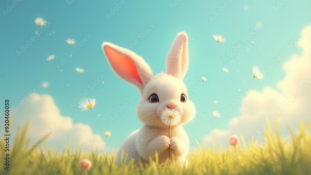 Obraz premium Cute bunny with flower and copy space