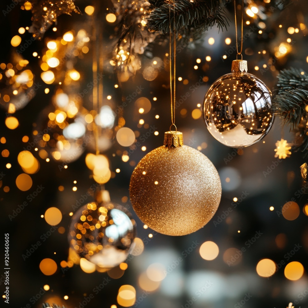Merry Christmas Lights Shine on New Year's Eve, Winter Night Background with Festive Golden Confetti and Colorful Glass Orbs Tree Decorations. Merry Christmas Lights Shine on New Year's Eve, Winter Night Background with Festive Golden Confetti and Colorful Glass Orbs Tree Decorations.