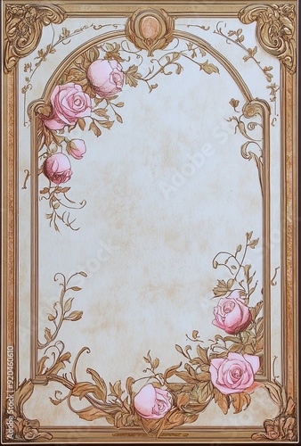 Art Nouveau, piece of picture paper with golden border and pink flowers 