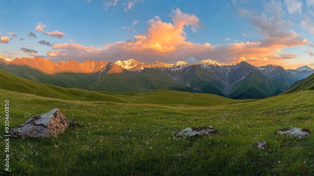 A panoramic view of a valley surrounded by a range of mountains, with a grassy foreground, rocks, and a vibrant sky with clouds. A panoramic view of a valley surrounded by a range of mountains, with a grassy foreground, rocks, and a vibrant sky with clouds.