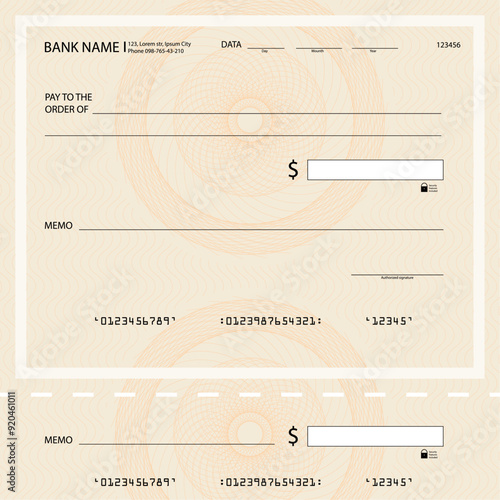 Bank cheque with guilloche pattern and place to write amount and personal signature, award template bill with line watermark, checkbook or voucher for payment, security pay design, vector illustrati-1
