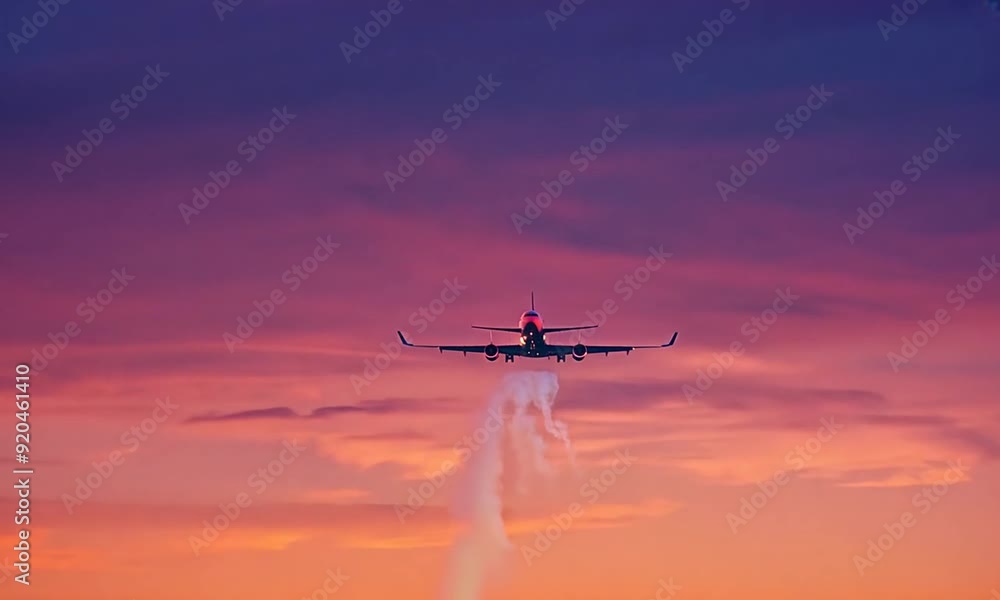 Aeroplane leaves trail flying at sunset Aeroplane leaves trail flying at sunset
