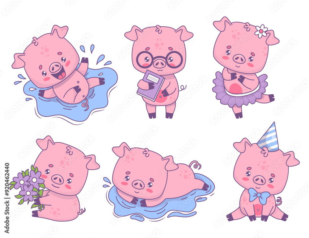 Cute happy pig collection. Smiling piggy splashing in puddle of water, with bouquet flowers, book, birthday boy in cap and ballerina girl. Isolated funny cartoon animal character. Vector illustration Cute happy pig collection. Smiling piggy splashing in puddle of water, with bouquet flowers, book, birthday boy in cap and ballerina girl. Isolated funny cartoon animal character. Vector illustration