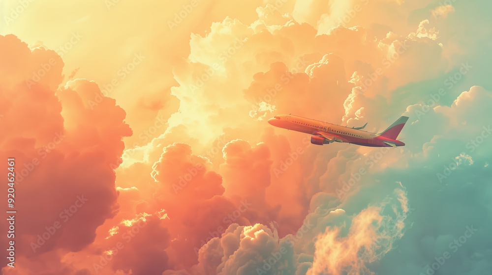 aeroplane flaying in cloud side profile mid shot lofi vibes, orange pastel colors aeroplane flaying in cloud side profile mid shot lofi vibes, orange pastel colors