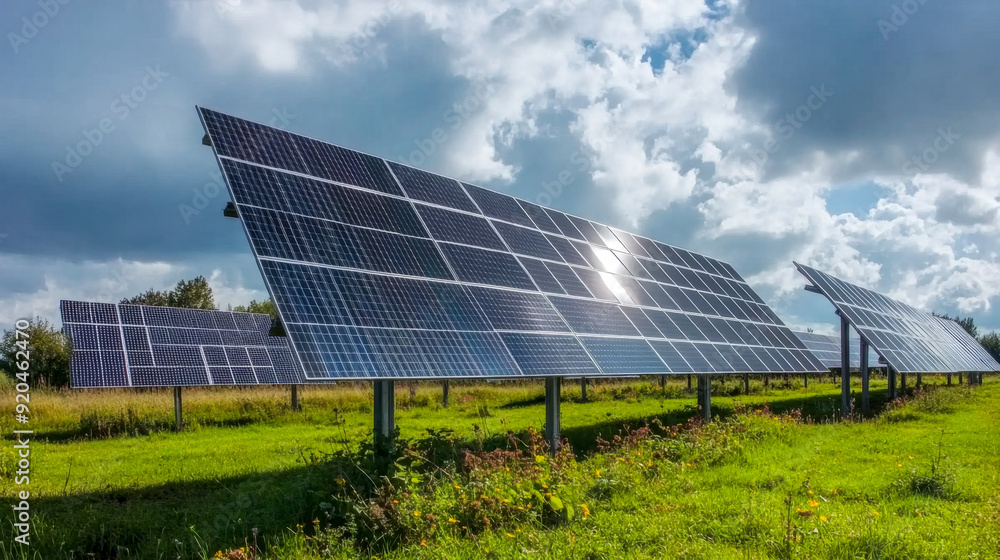 Solar panels in a green field, soaking up the sun's energy, blending nature and technology. Eco-friendly power plant generating renewable energy, combating global warming Solar panels in a green field, soaking up the sun's energy, blending nature and technology. Eco-friendly power plant generating renewable energy, combating global warming