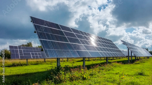 Solar panels in a green field, soaking up the sun's energy, blending nature and technology. Eco-friendly power plant generating renewable energy, combating global warming