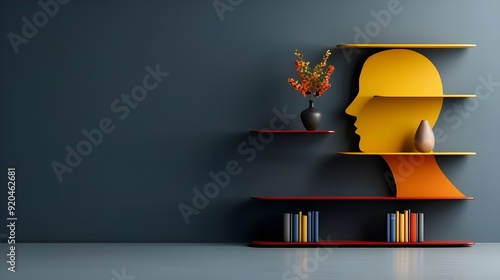 3D model of a vibrant bookcase shaped like a head with a grey backdrop; stock image from Unsplash with picture column style photo