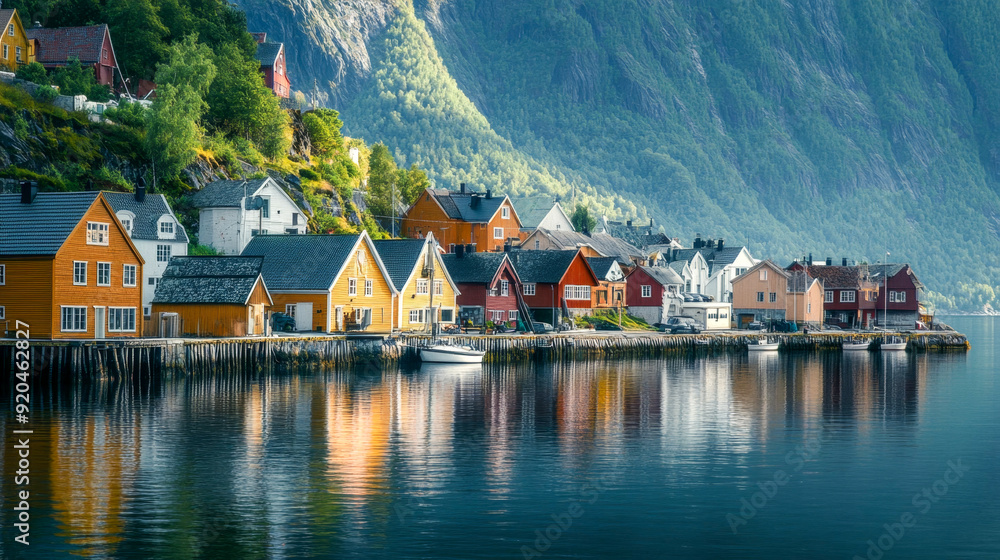 Naklejka premium Vibrant village mirrored in the serene waters of a norwegian fjord on a sunny summer day