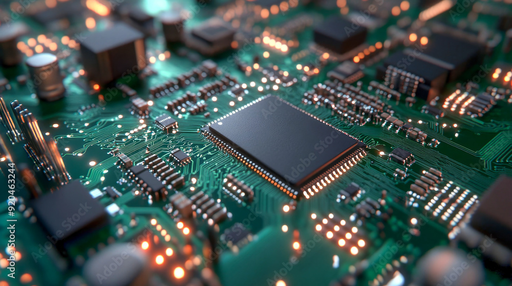 Central processing unit is performing complex calculations on a circuit board with glowing lights Central processing unit is performing complex calculations on a circuit board with glowing lights