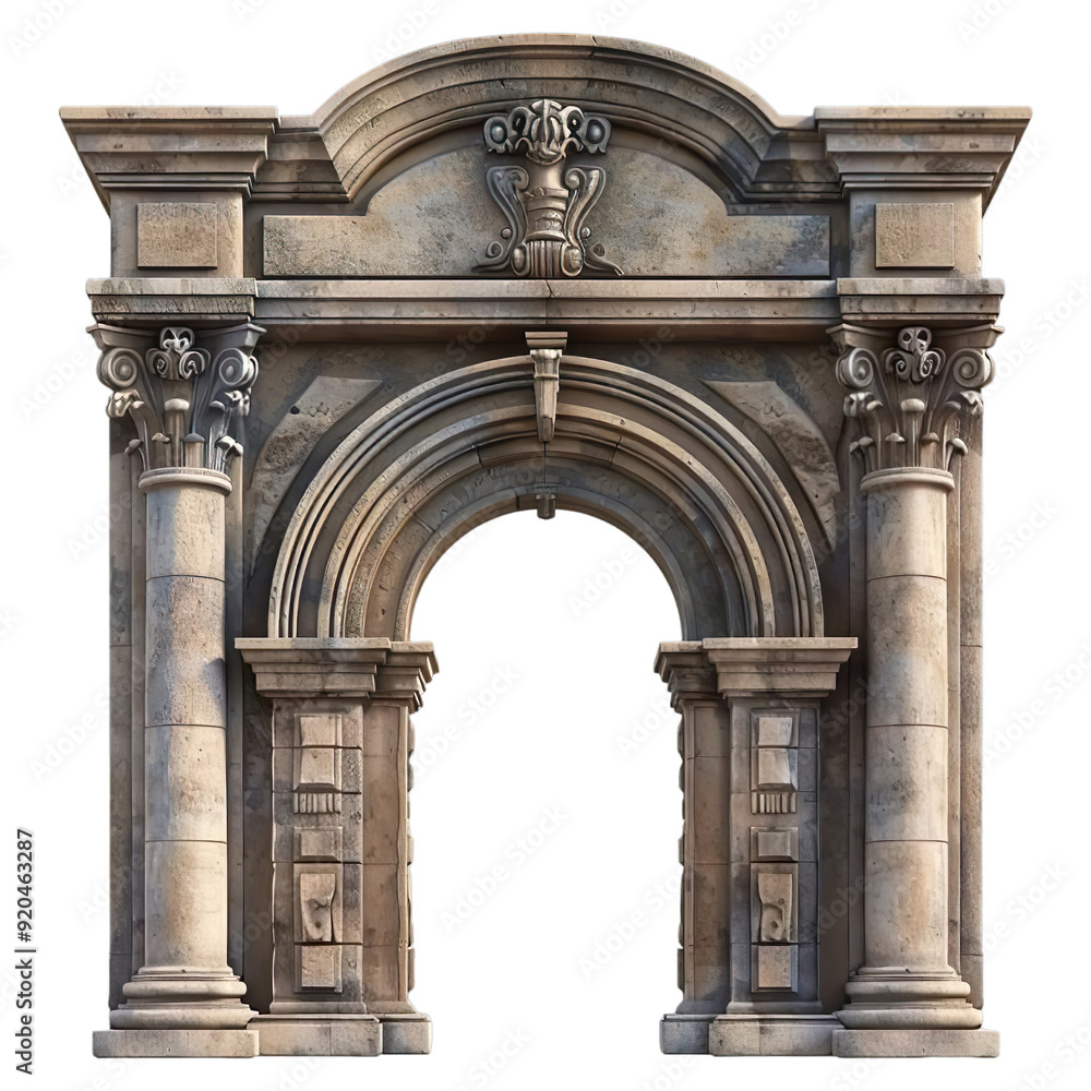 Naklejka premium Elements of architecture of buildings, ancient doorways and arches, doors and apertures. On the streets in Georgia, public places Isolated on transparent background. 3d illustration.