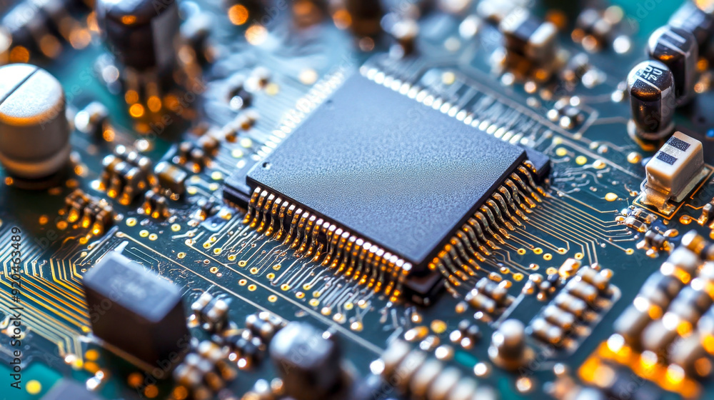 Circuit board with integrated circuit and other electrical components displayed