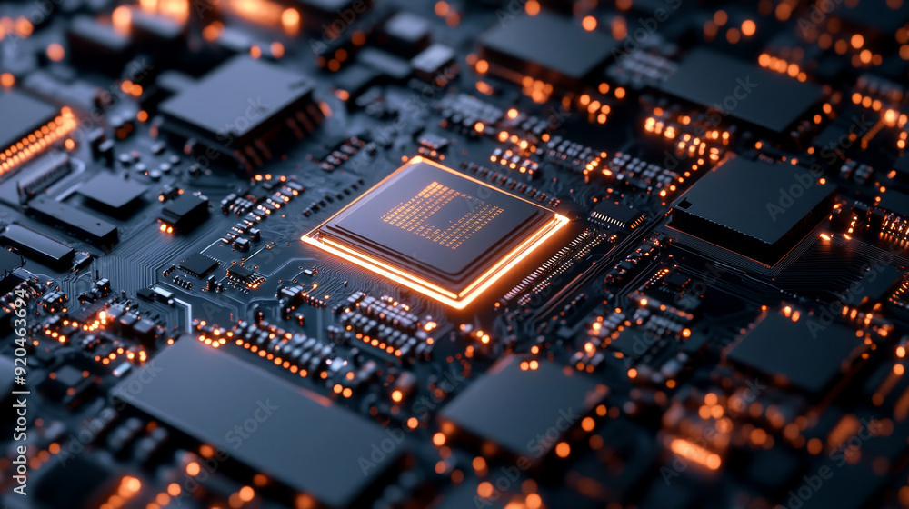 Modern cpu processor performing complex calculations on a motherboard, illuminating the circuitry with orange light Modern cpu processor performing complex calculations on a motherboard, illuminating the circuitry with orange light