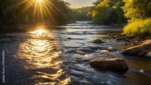 Sunlit riverbanks animation. Capture the peaceful beauty with golden sunlight, flowing water, and a serene atmosphere. Experience the charm of sunlit riverbanks in motion. photo