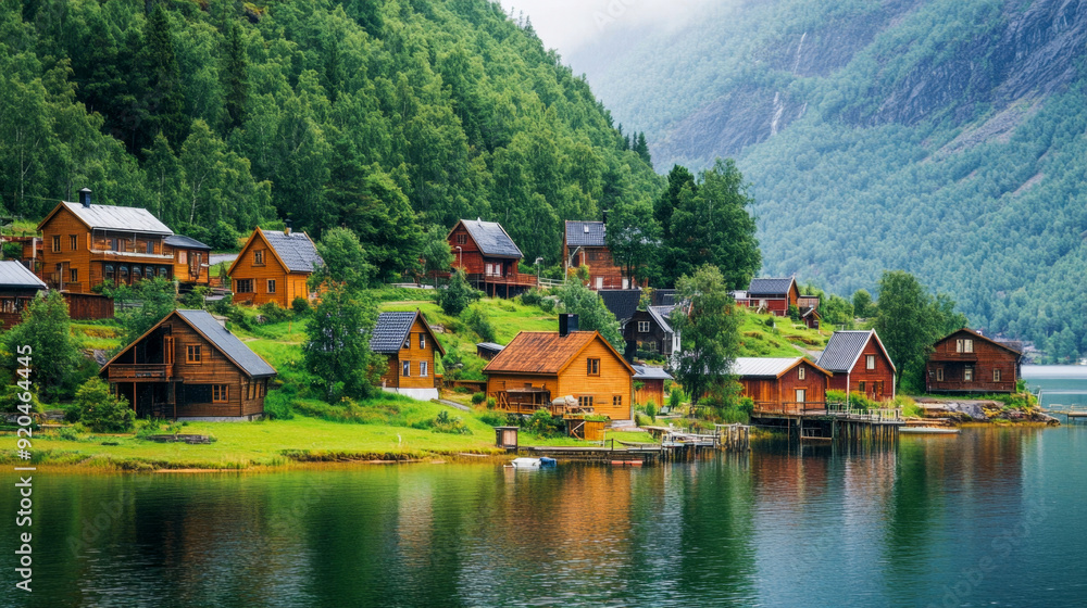 Fototapeta premium Idyllic norwegian village with traditional wooden houses reflecting in the calm water of a fjord on a cloudy summer day
