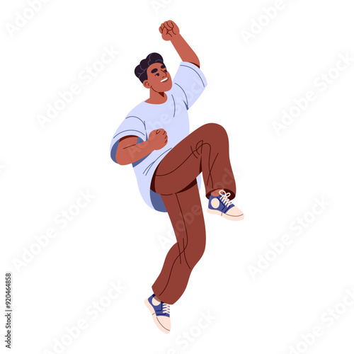 Happy black man hands up, jumps for joy. Employee celebrates success in business. Winner rejoices at win, victory. Positive boy has fun, smiles. Flat isolated vector illustration on white background