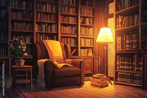 A calm reading nook with a comfortable armchair, a warm light, and shelves of books. Cozy vibe, Generative AI