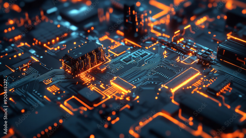Complex electronic circuit board with glowing orange lights, representing the power of technology and innovation Complex electronic circuit board with glowing orange lights, representing the power of technology and innovation