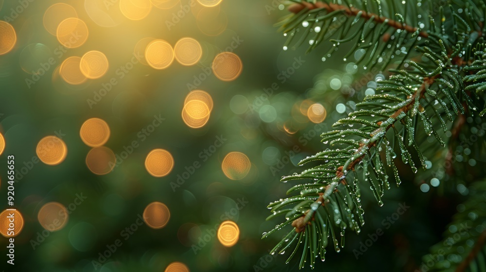 Close-up of a freshly watered evergreen tree with blurred festive lights in the background during the holiday season Close-up of a freshly watered evergreen tree with blurred festive lights in the background during the holiday season