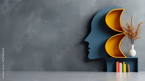 3D model of a vibrant bookcase shaped like a head with a grey backdrop; stock image from Unsplash with picture column style photo