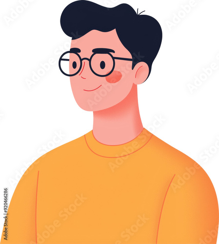 Young man with glasses wearing an orange sweater, smiling isolated on transparent background.