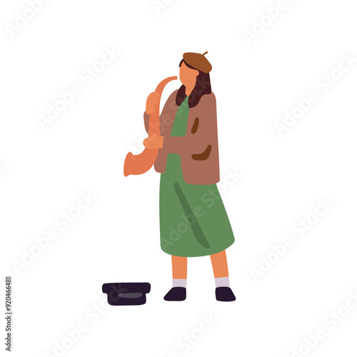Musician plays saxophone, trumpet. Artist performs with brass, wind instrument on stage. Talented musical performer shows in jazz concert, performance. Flat isolated vector illustration on white