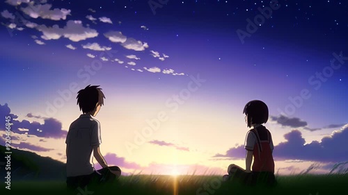 video of anime characters sitting on hill during twilight, facing sunset. beauty of calm evening, with focus on characters emotional interaction and  stunning scenery