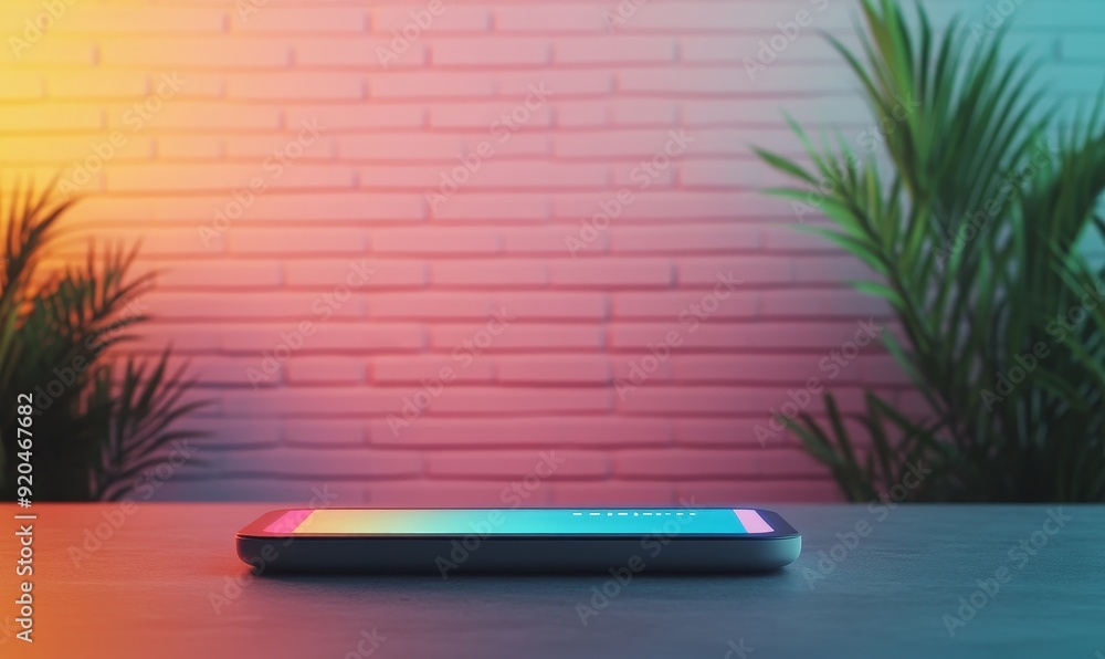 modern smartphone on wooden table with colorful brick wall background and tropical plants. modern smartphone on wooden table with colorful brick wall background and tropical plants.