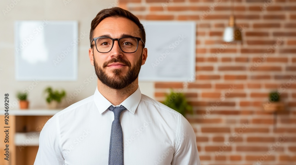 confident businessman portrait with glasses and tie in modern office setting. confident businessman portrait with glasses and tie in modern office setting.