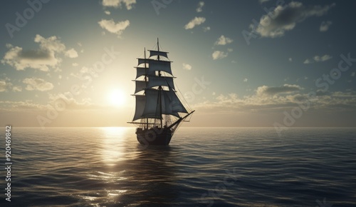 Sailing ship on a sea cruise. Sunset. Travel.