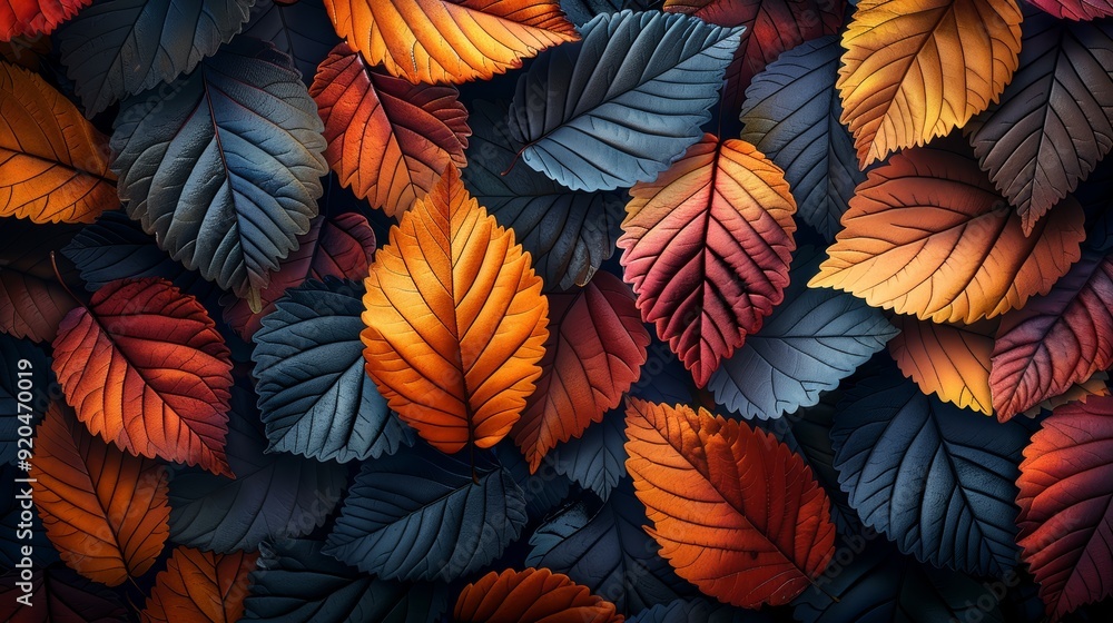 A vibrant collection of autumn leaves in shades of orange, red, and blue arranged artistically on a dark background A vibrant collection of autumn leaves in shades of orange, red, and blue arranged artistically on a dark background