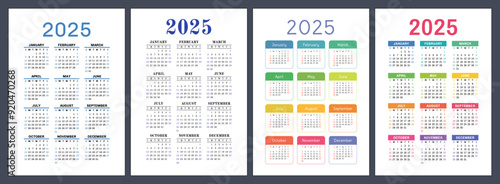 2025 calendar set. Vector pocket calender design. Week starts on Sunday. January, February, March, April, May, June, July, August, September, October, November, December