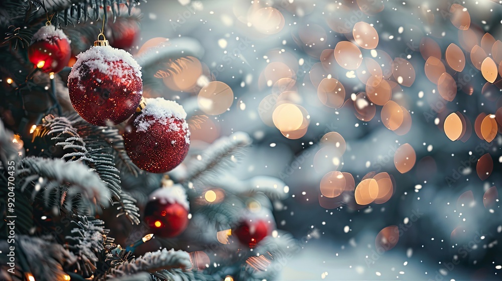 Festive Christmas tree adorned with red ornaments and sparkling snowflakes, creating a magical winter wonderland atmosphere.