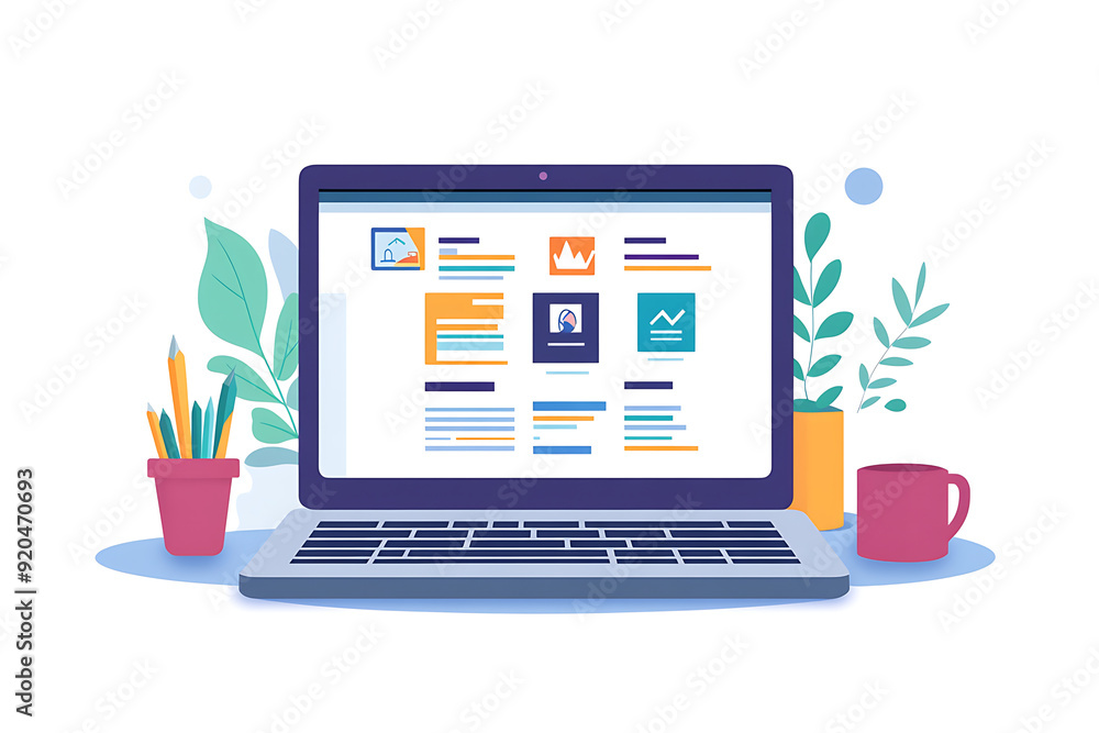 A laptop showcasing a vibrant web design, surrounded by plants and stationery. A laptop showcasing a vibrant web design, surrounded by plants and stationery.