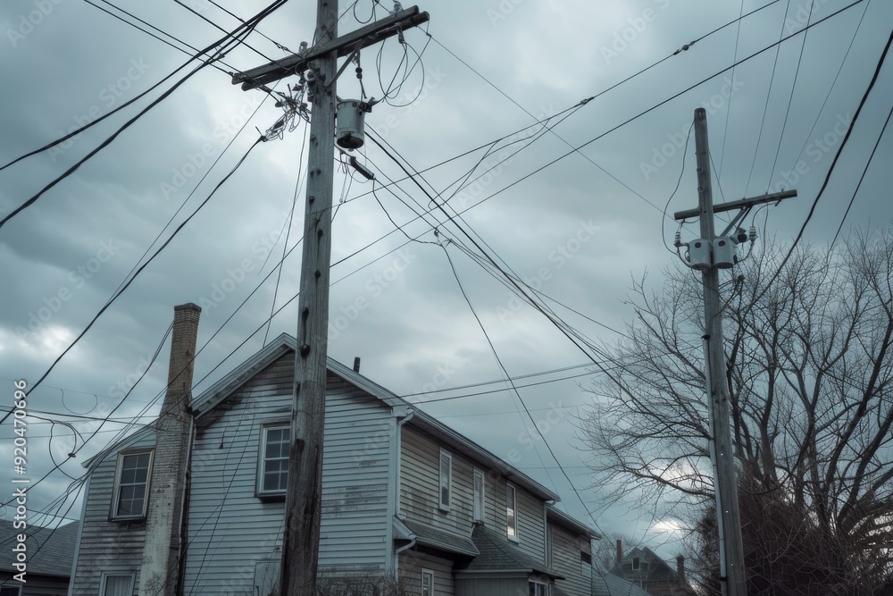 A power pole with overhead wires dominates the scene, representing the essential framework of electrical power distribution, Power lines dangling dangerously overhead, Ai generated A power pole with overhead wires dominates the scene, representing the essential framework of electrical power distribution, Power lines dangling dangerously overhead, Ai generated