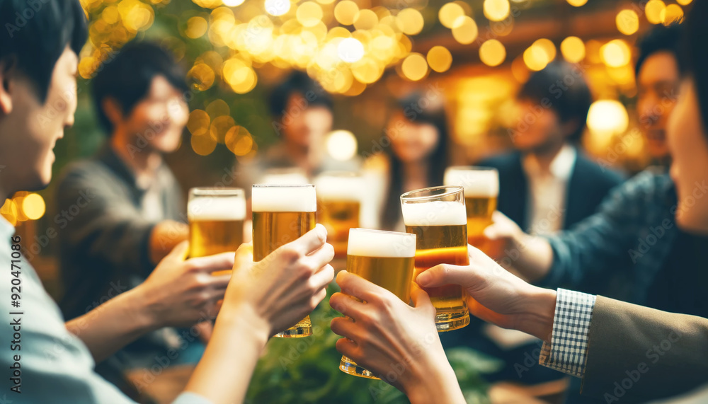 Obraz premium 大人数でビールで乾杯する様子