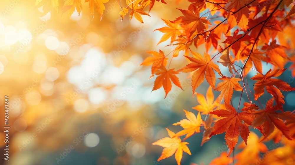 Vibrant autumn leaves illuminated by sunlight, showcasing warm hues of orange and red in a tranquil nature setting.