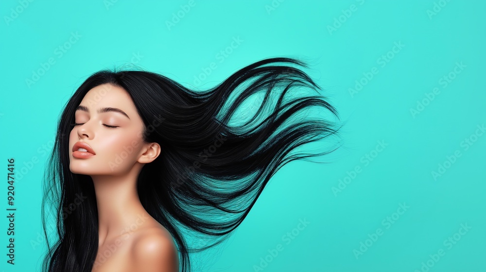Stylish model with long jet black hair on turquoise background for hair care ads with copy space Stylish model with long jet black hair on turquoise background for hair care ads with copy space