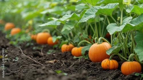 Wallpaper Mural Vibrant pumpkins grow amidst lush green leaves in a rural field, showcasing the beauty of autumn harvest and nature's bounty. Torontodigital.ca