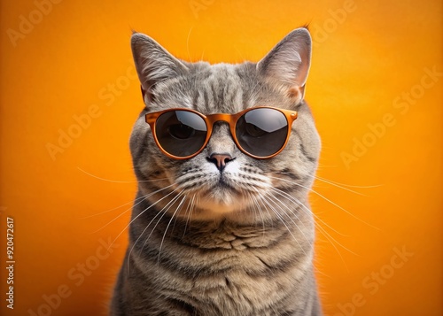 Adorable British furry cat wears trendy sunglasses, posing on a vibrant orange backdrop, exuding feline chic and playful charm in this humorous, stylish pet portrait.