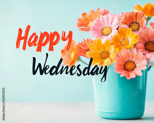 'Happy Wednesday' text against colourful flower arrangement background
