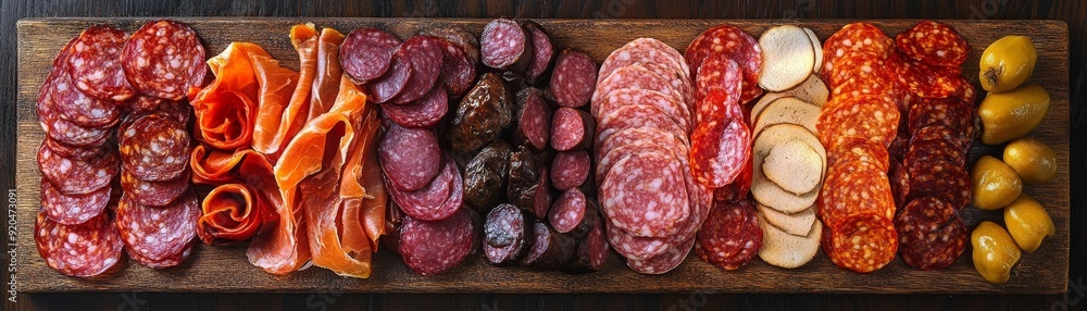 Deli Meats Extravaganza - Vibrant Display of Assorted Meats on Wooden Board with Rich Textures and Vivid Colors Deli Meats Extravaganza - Vibrant Display of Assorted Meats on Wooden Board with Rich Textures and Vivid Colors