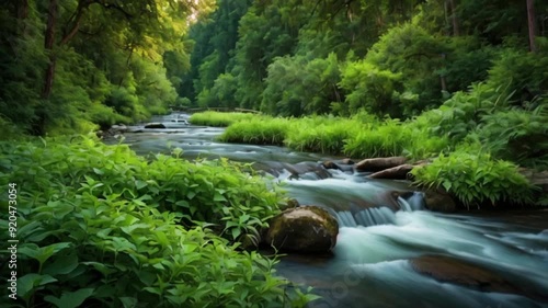 Verdant river valleys animation. Capture the peaceful beauty with flowing rivers, lush greenery, and a serene atmosphere. Experience the charm of verdant river valleys in motion. photo