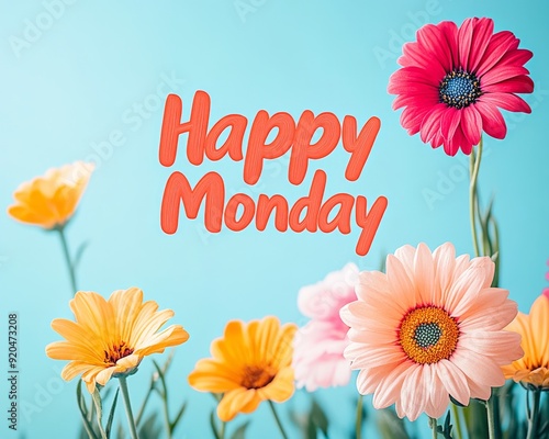 'Happy Monday' text against colourful flowers background